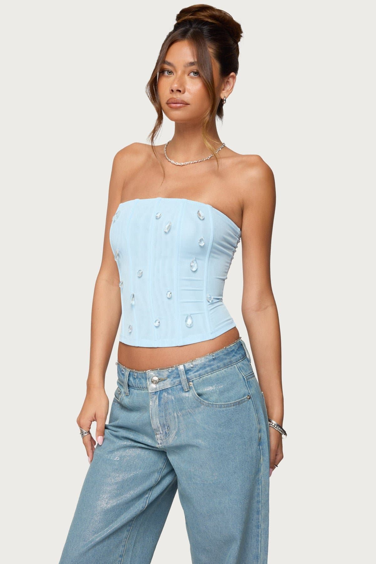 Lexah Faux Crystal Strapless Mesh Corset - Boned Nylon Spandex Bodice