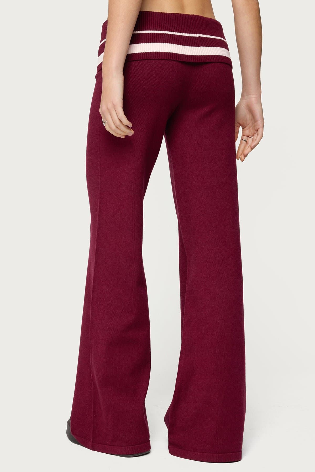 Kaliya Stripey Foldover Knit Flared Pants - Rayon Nylon Polyester Ribbed Striped Waistband