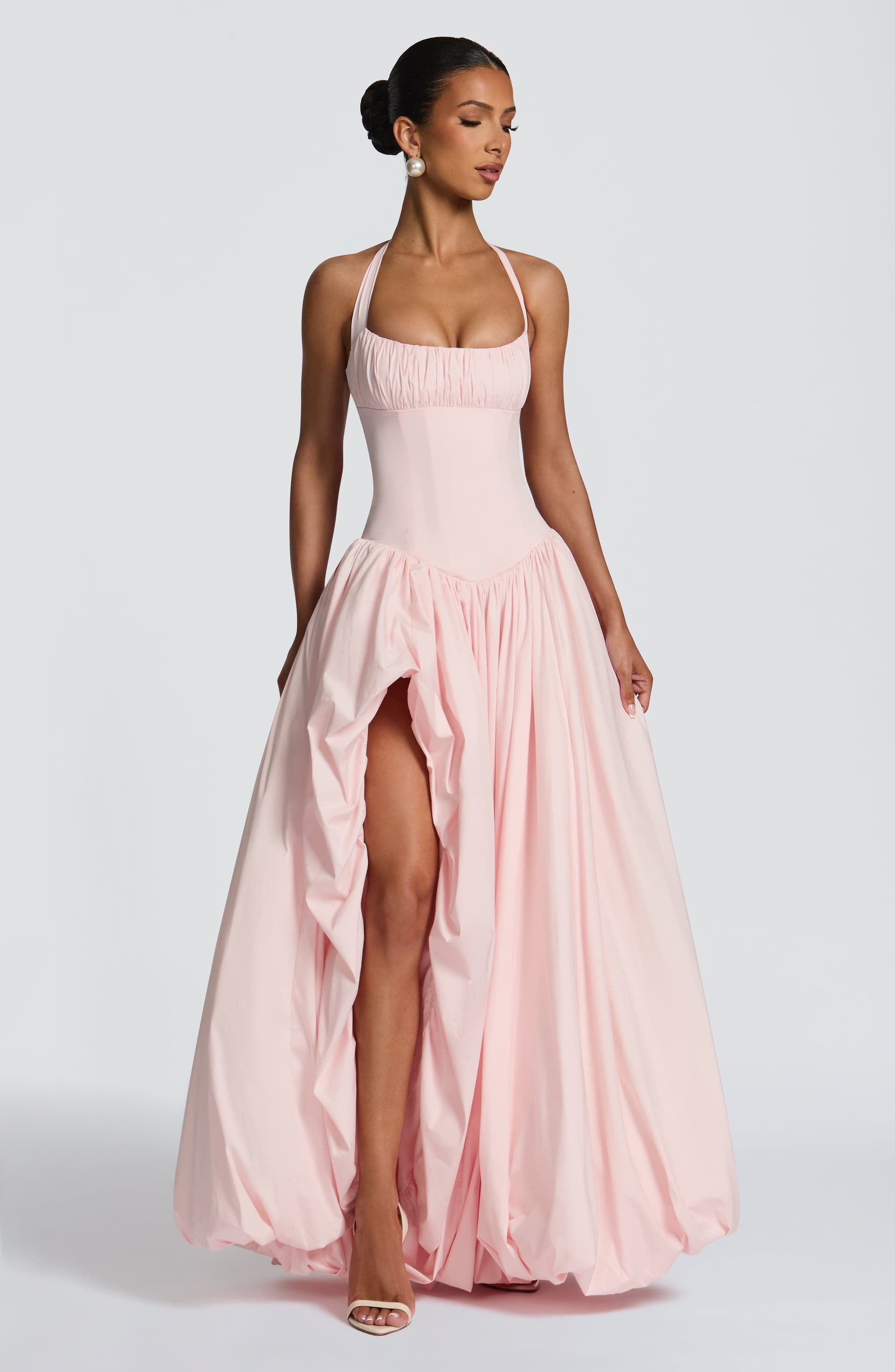 Keira Maxi Dress - Blush Pink Halterneck Lace-Up Back Puffball Skirt