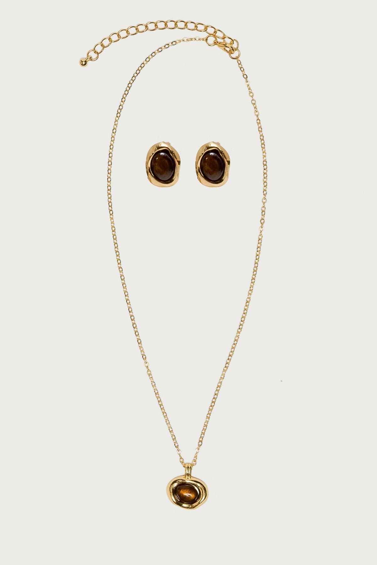 Abstract Oval Pendant Necklace and Earring Set Gold Tone Resin Stone Detail