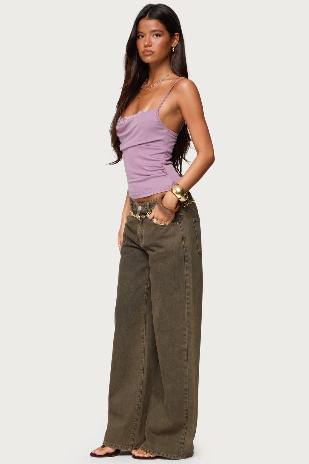 Bobbie Layered Lace Cowl Neck Tank Top with Adjustable Straps Polyester Spandex