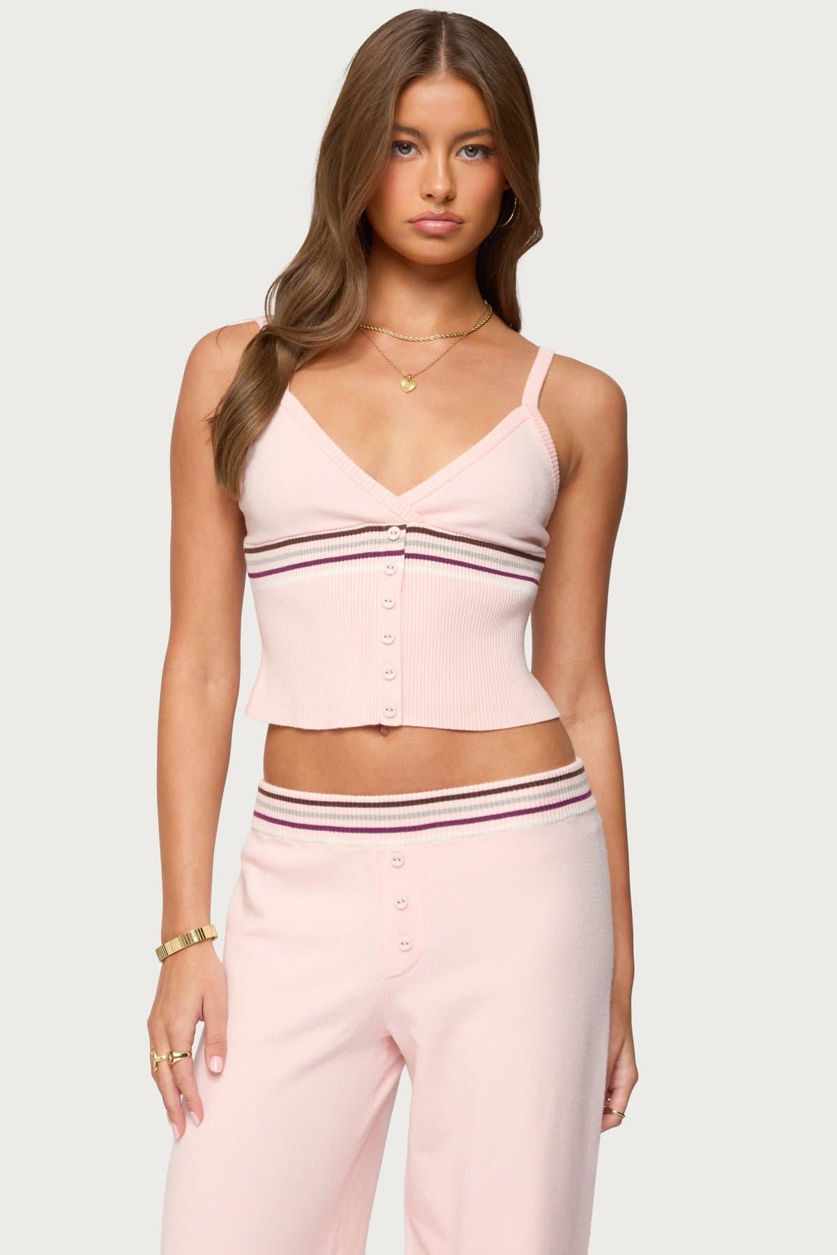 Miya Striped Ribbed Knit Tank Top - Adjustable Straps, V-Neck, Rayon Polyester Nylon