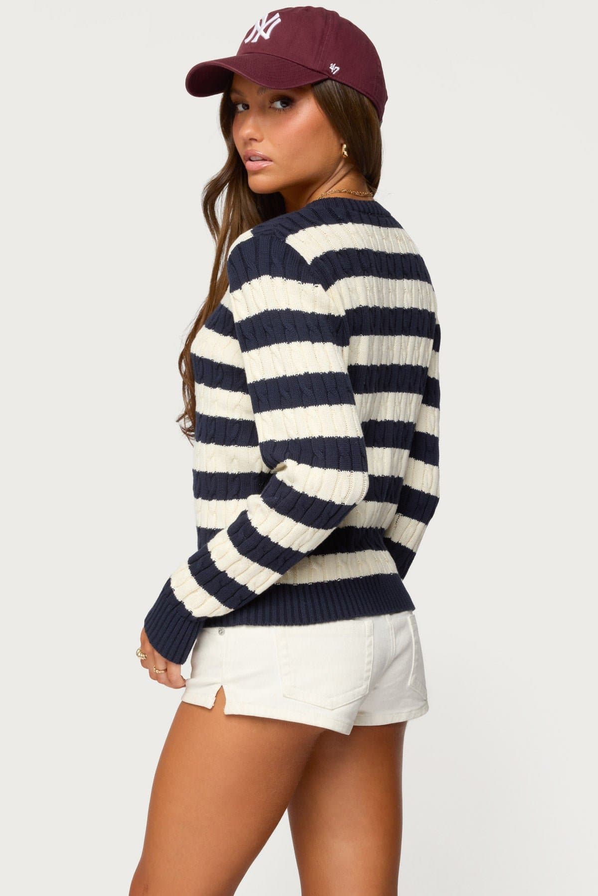 Mildred Striped Cable Knit Cardigan - 100% Cotton Button Front Sweater