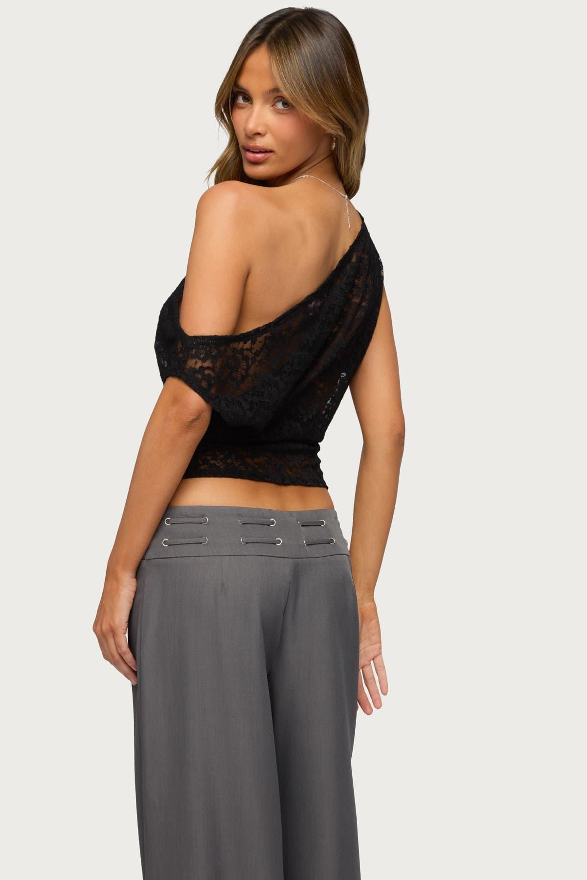 Kessa Sheer Lace Off Shoulder Top - Nylon Spandex Fitted Waist