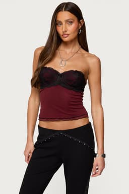 Contrast Lacey Mesh Strapless Bra Top - Nylon Spandex Layered Fabric