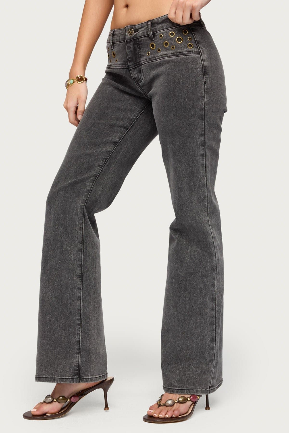 Grommet Mid Rise Straight Leg Jeans in Stretchy Cotton Polyester Spandex Denim