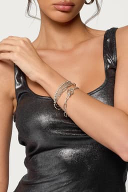 Mixed Chain Layered Bracelet Pack of 2 Silver Tone Metal 6.9 Inch Length