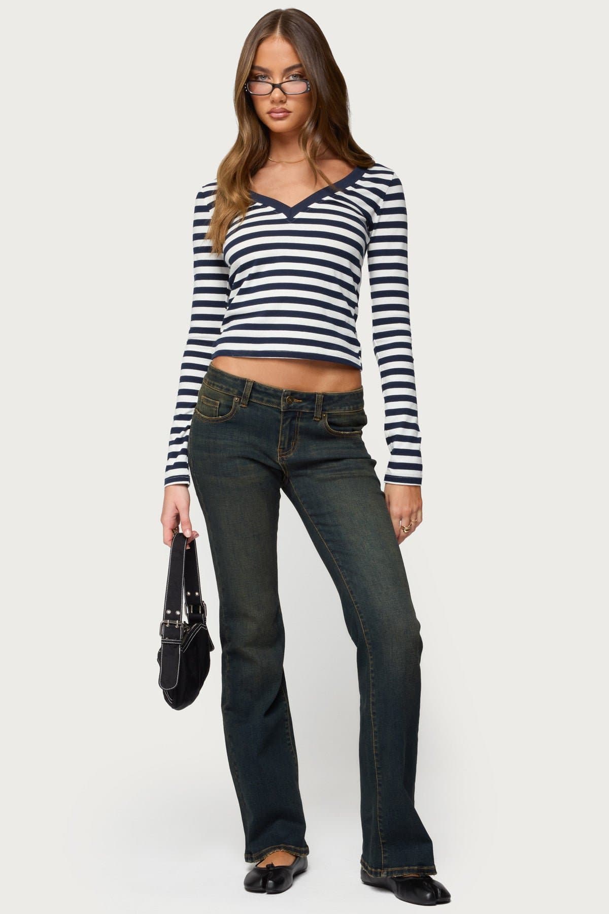 Solly Striped Long Sleeve V-Neck T-Shirt - Cotton Spandex Unisex