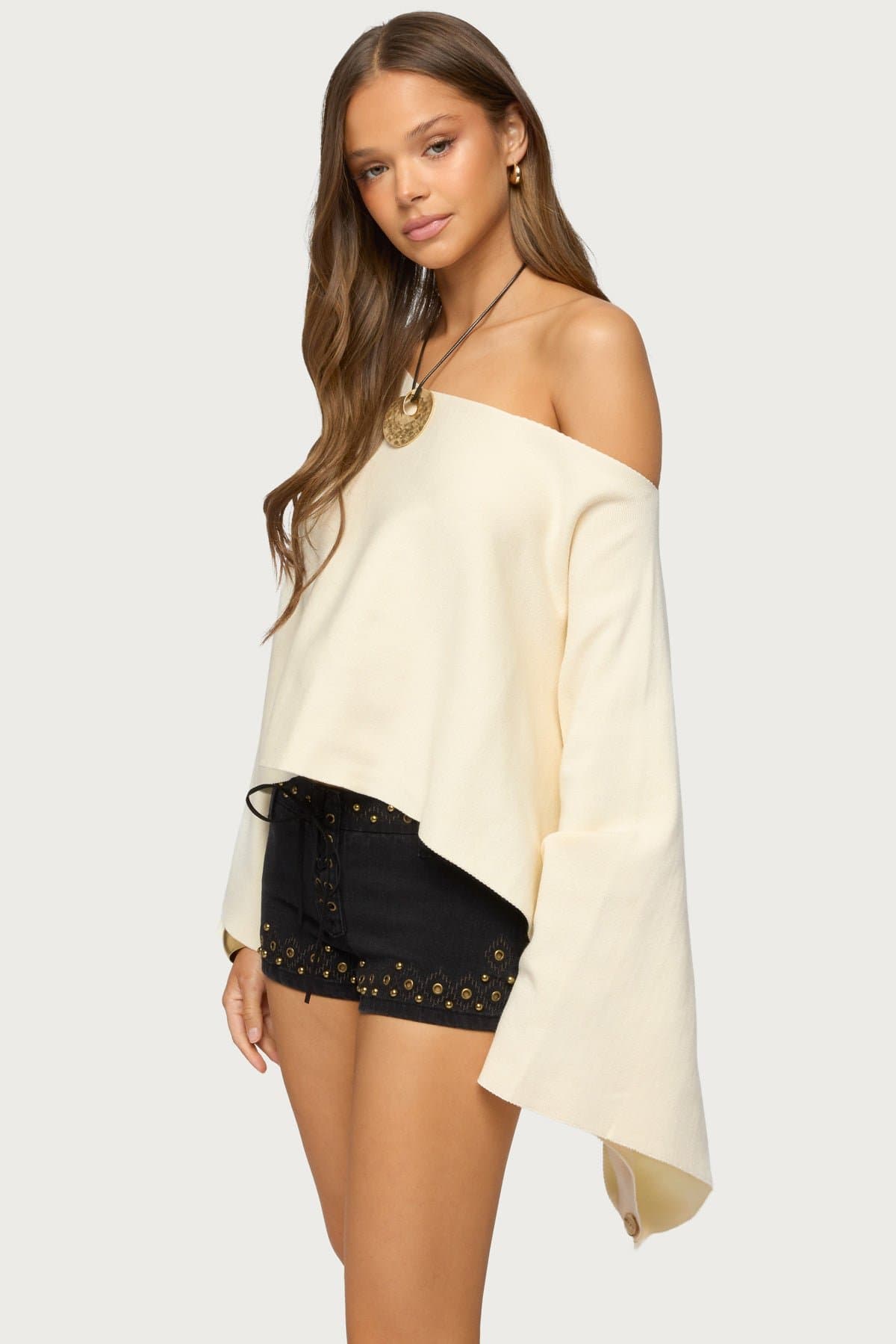 Sharla Off Shoulder Poncho Sweater - Rayon Polyester Nylon Knit