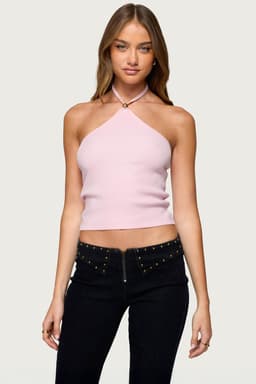 Hollis Knit Halter Top with Neck Tie Closure and Bead Detail