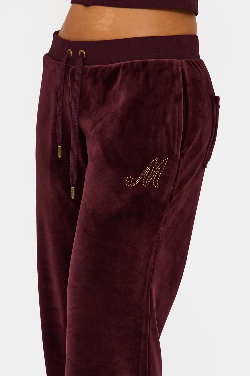 Wine Velour Plush Jogger Pants with MM Hotfix Studs - 95% Polyester 300GSM