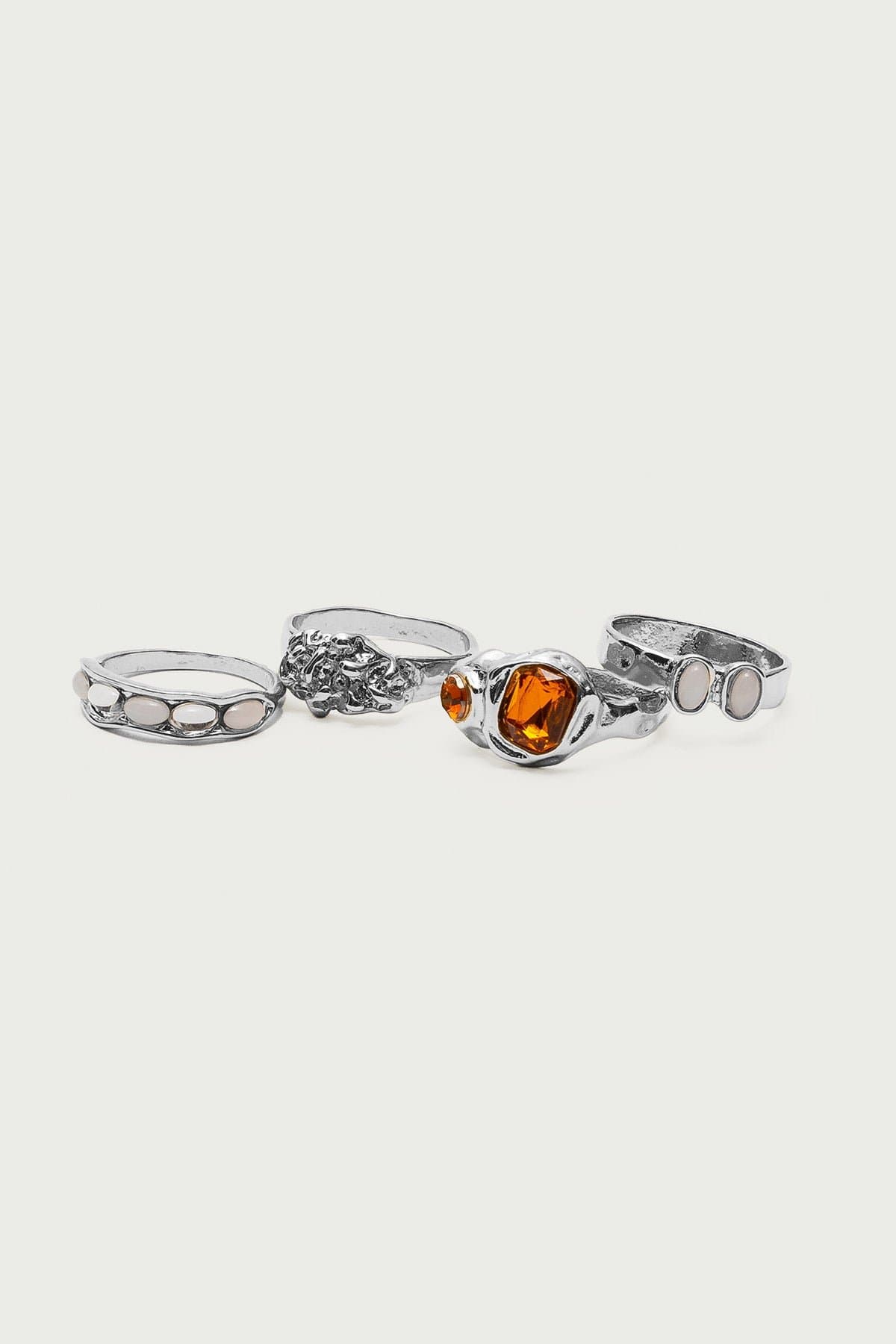 Mixed Gemstone Ring Pack Silver Tone Metal Assorted Designs 0.7-0.9in Diameter