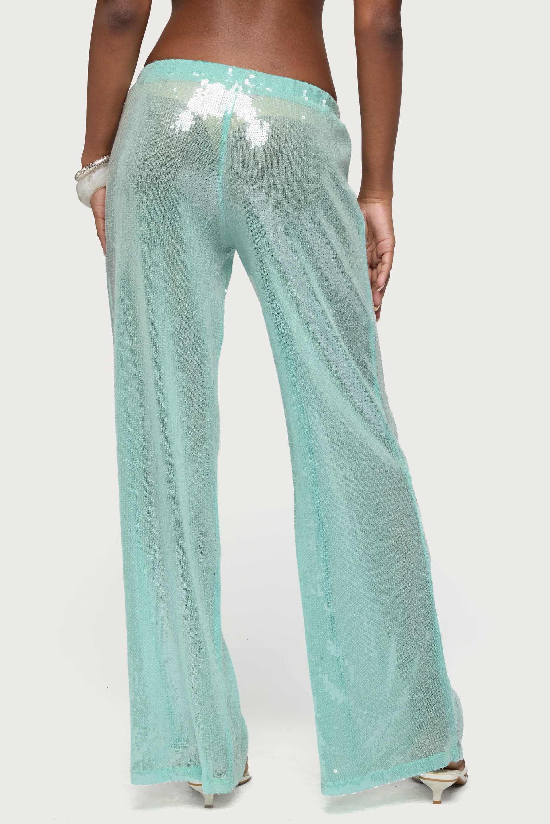 Avalee Sequin Wide Leg Pants - Polyester Spandex Elastic Waistband