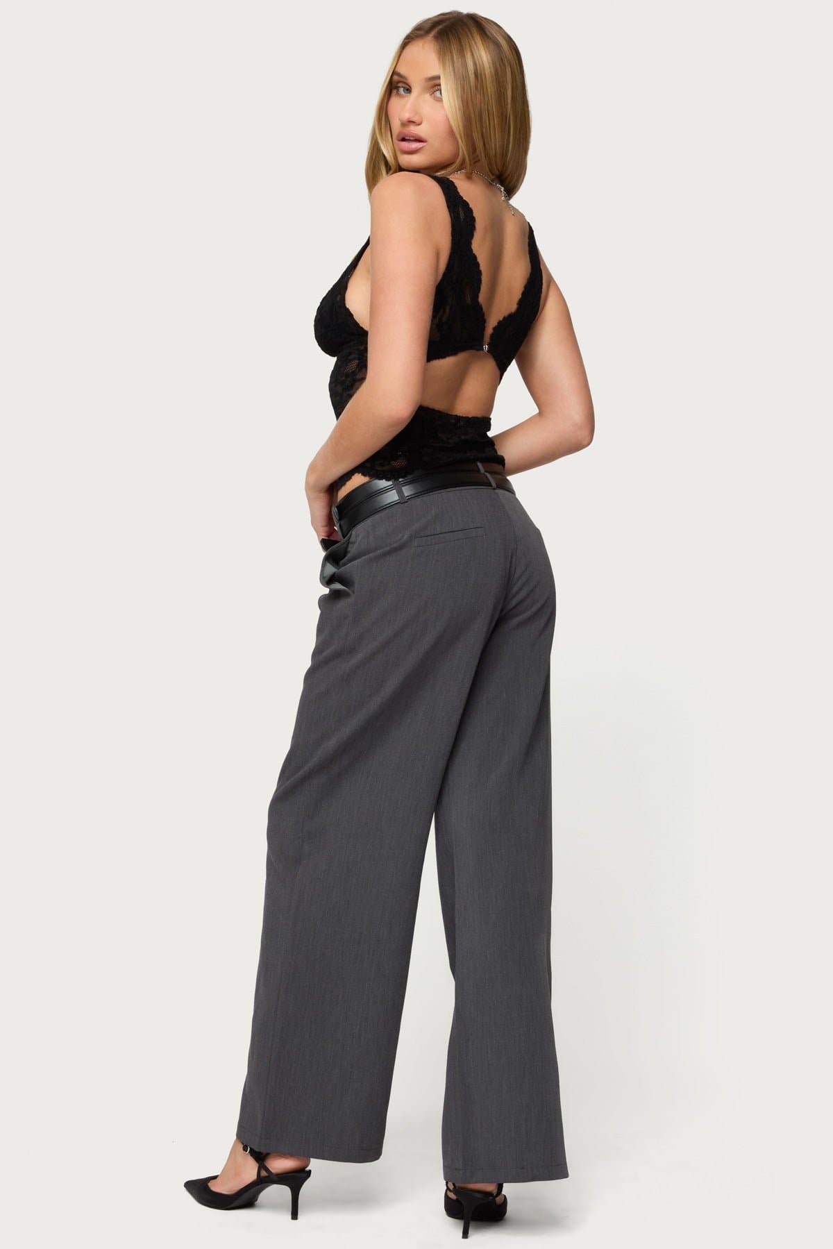 Araura Lace Velvet Floral Top - Plunging Neckline, Back Cutout, Scalloped Trim