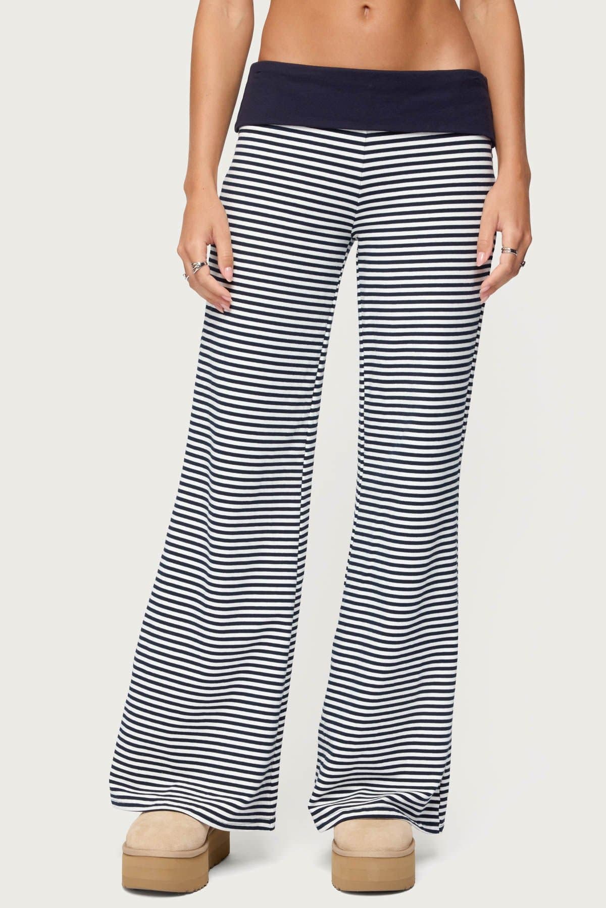 Meggy Striped Foldover Pants - Cotton Spandex, Contrast Waistband, 32.3" Inseam Size S