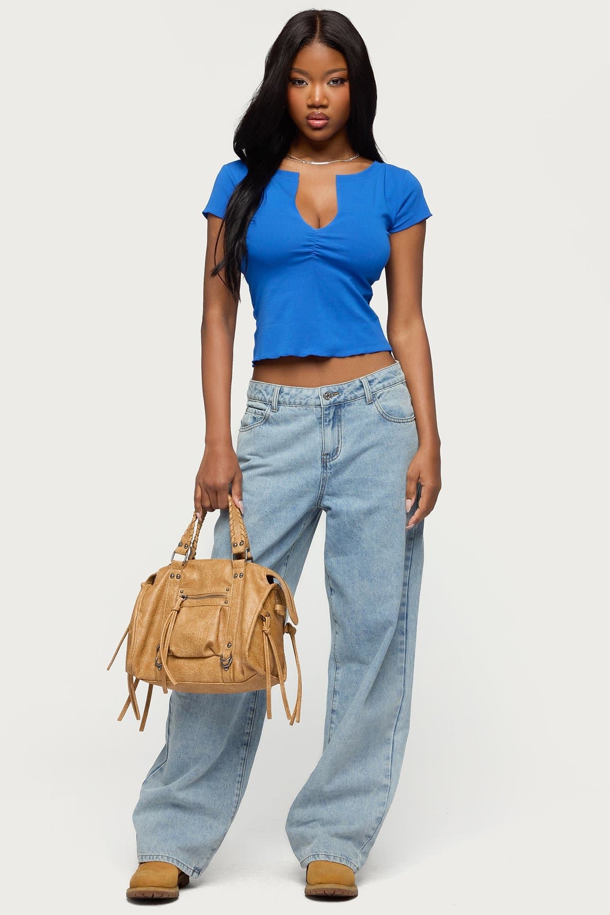 Andria V-Neck Top - Short Sleeve Cotton Spandex with Center Ruching