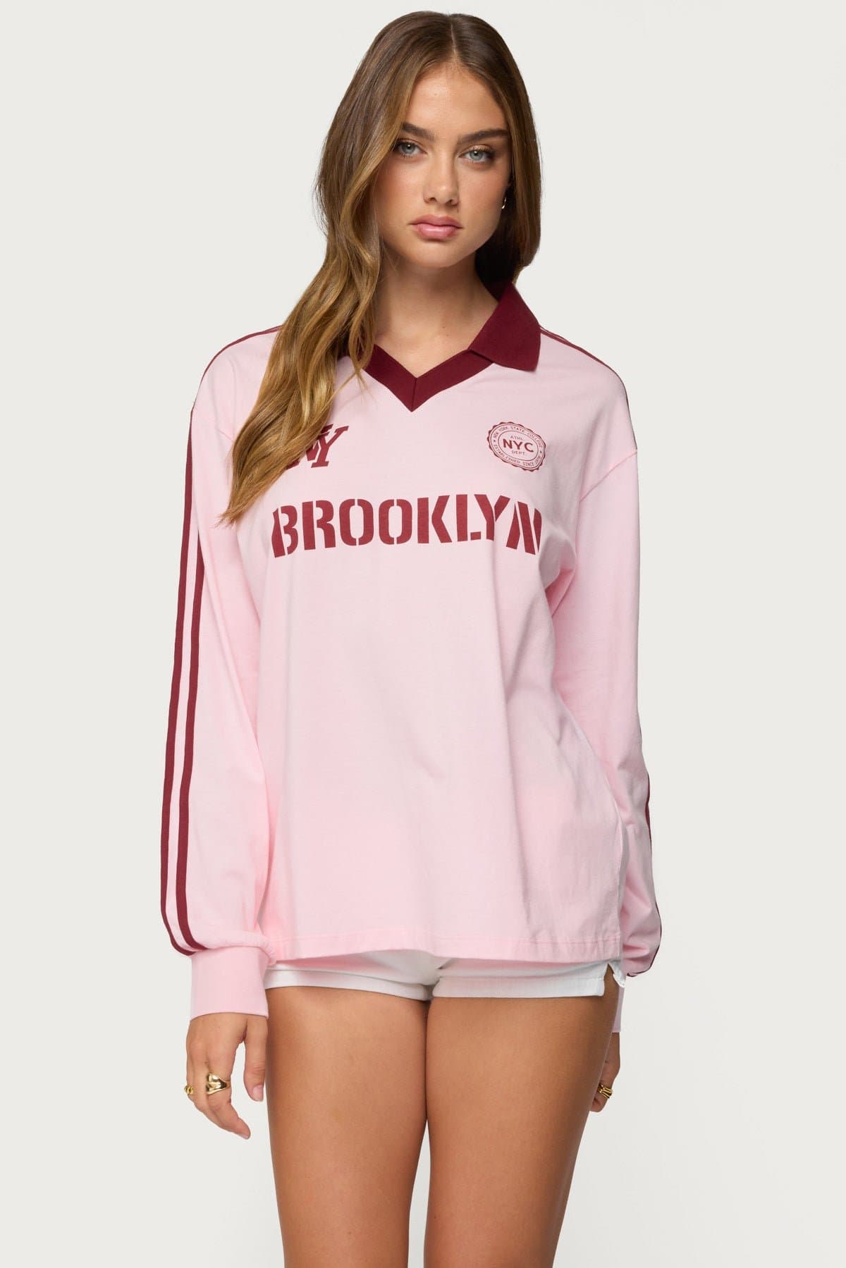 Brooklyn Contrast Oversized Rugby Shirt - 100% Cotton with Side Stripes and NYC Graphic