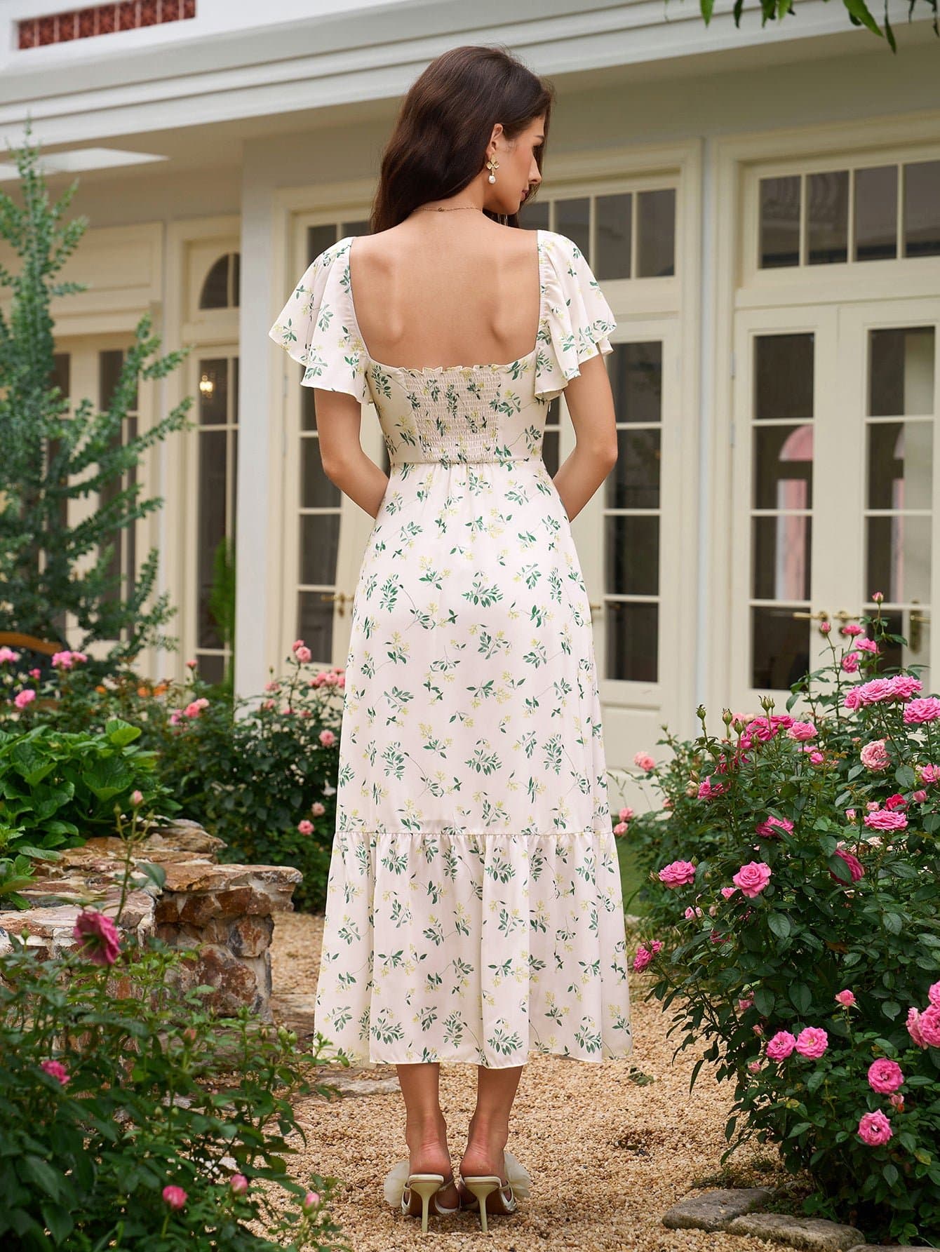 Flounce Sleeve Ruched Backless Floral Print Dress