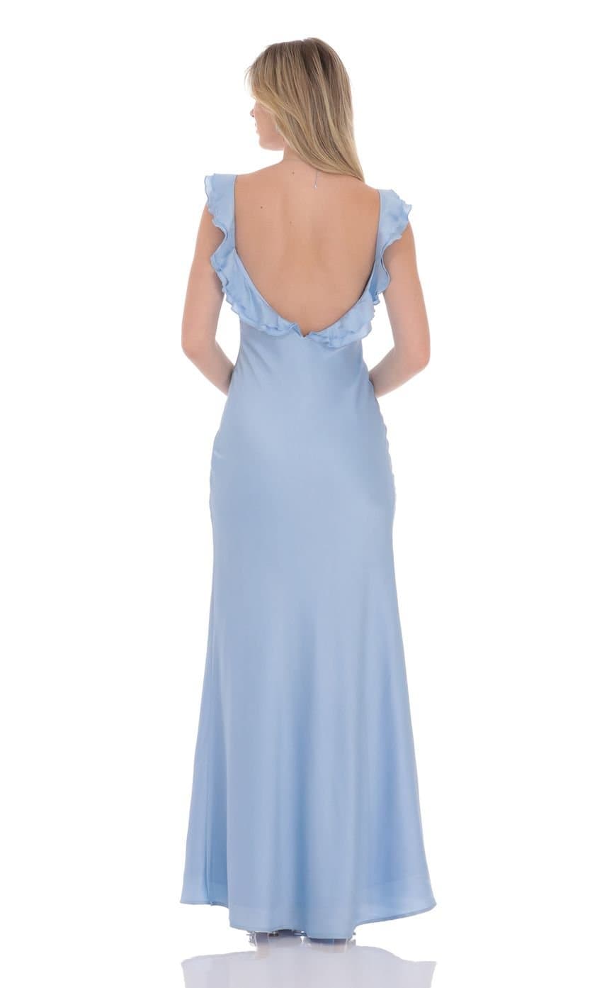 Satin Ruffle Open Maxi Dress in Light Blue