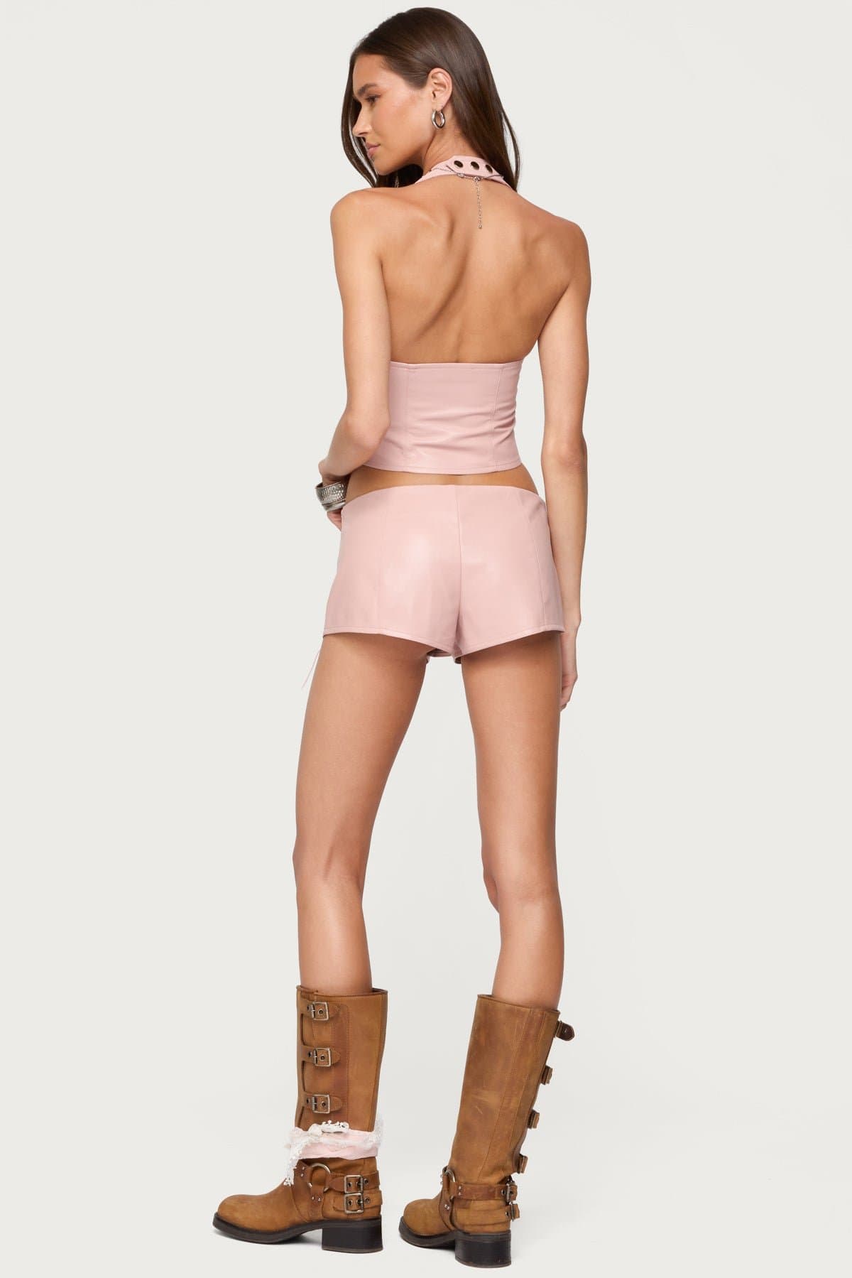 Elisha Lace Up Faux Leather Shorts - Black Rayon Polyurethane Size S Inseam 1.57"