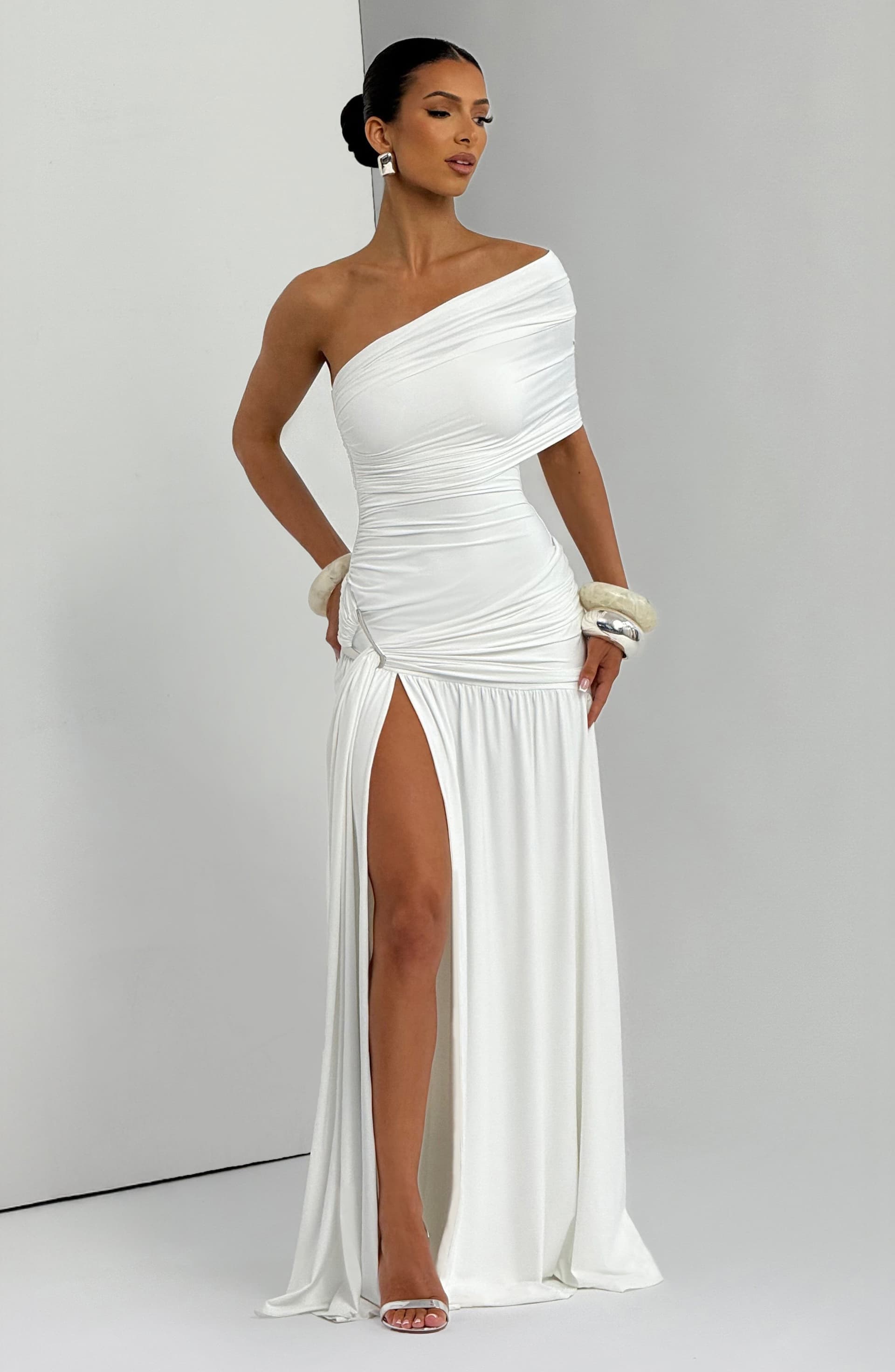 Monica Maxi Dress - White One Shoulder Bardot Neckline with Thigh High Split