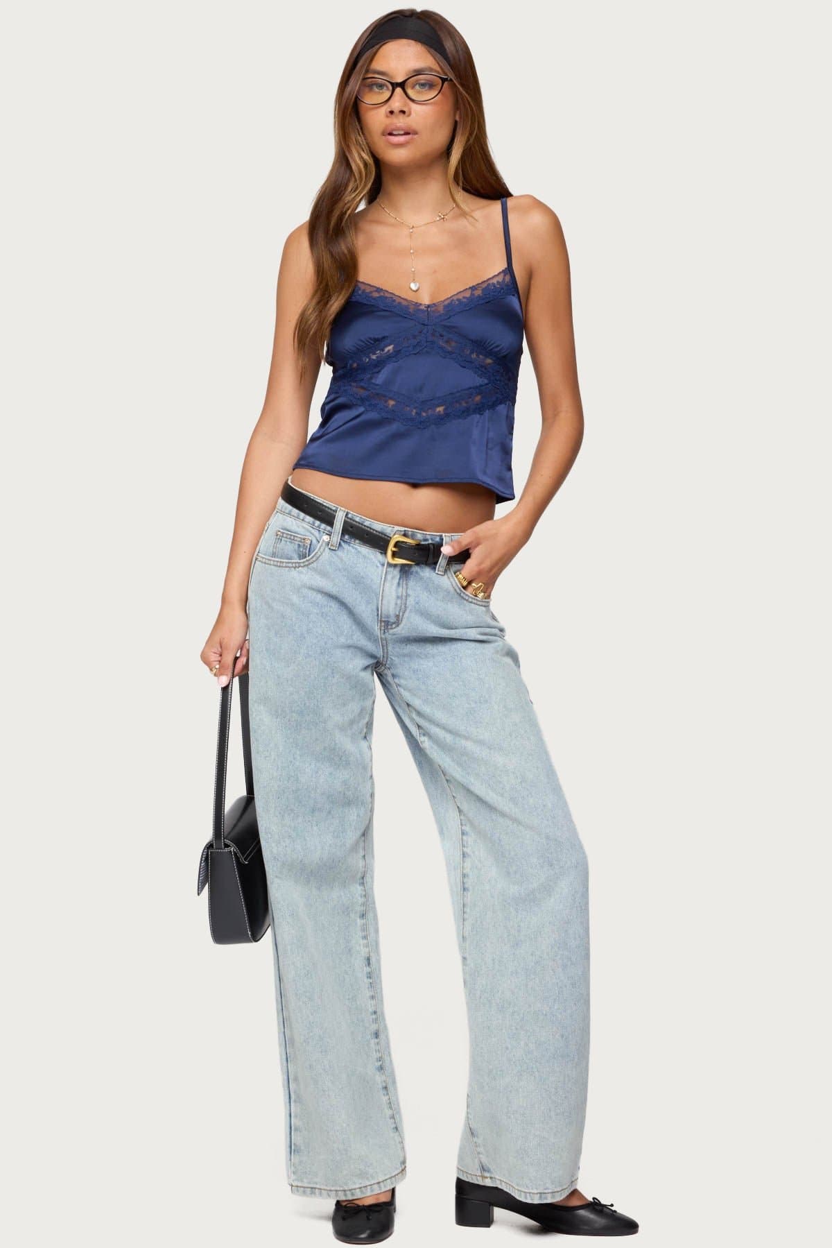 Tamar Satin Effect Tank Top with Adjustable Straps and Sheer Lace Detailing