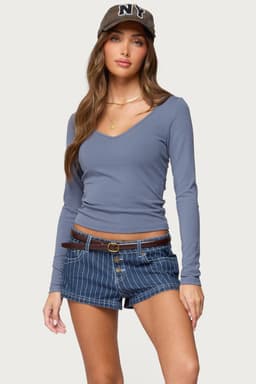 Moreen Ribbed Long Sleeve V-Neck T-Shirt - Rayon Spandex Fabric