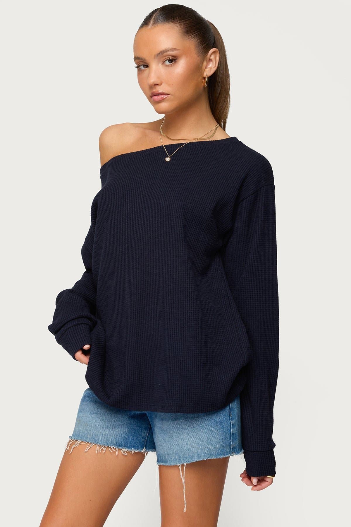 Damari Off Shoulder Oversized Waffle Top - Long Sleeve Rayon Polyester Nylon