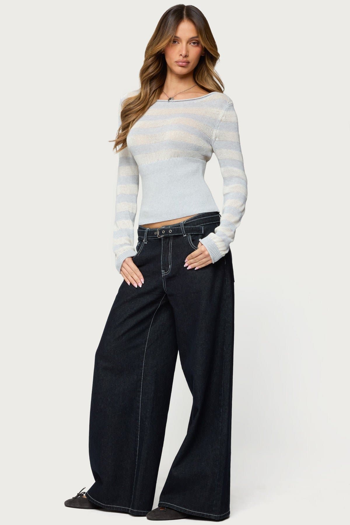 Cornella Boat Neck Striped Knit Top - Long Sleeve Cotton Polyester Ribbed Waist
