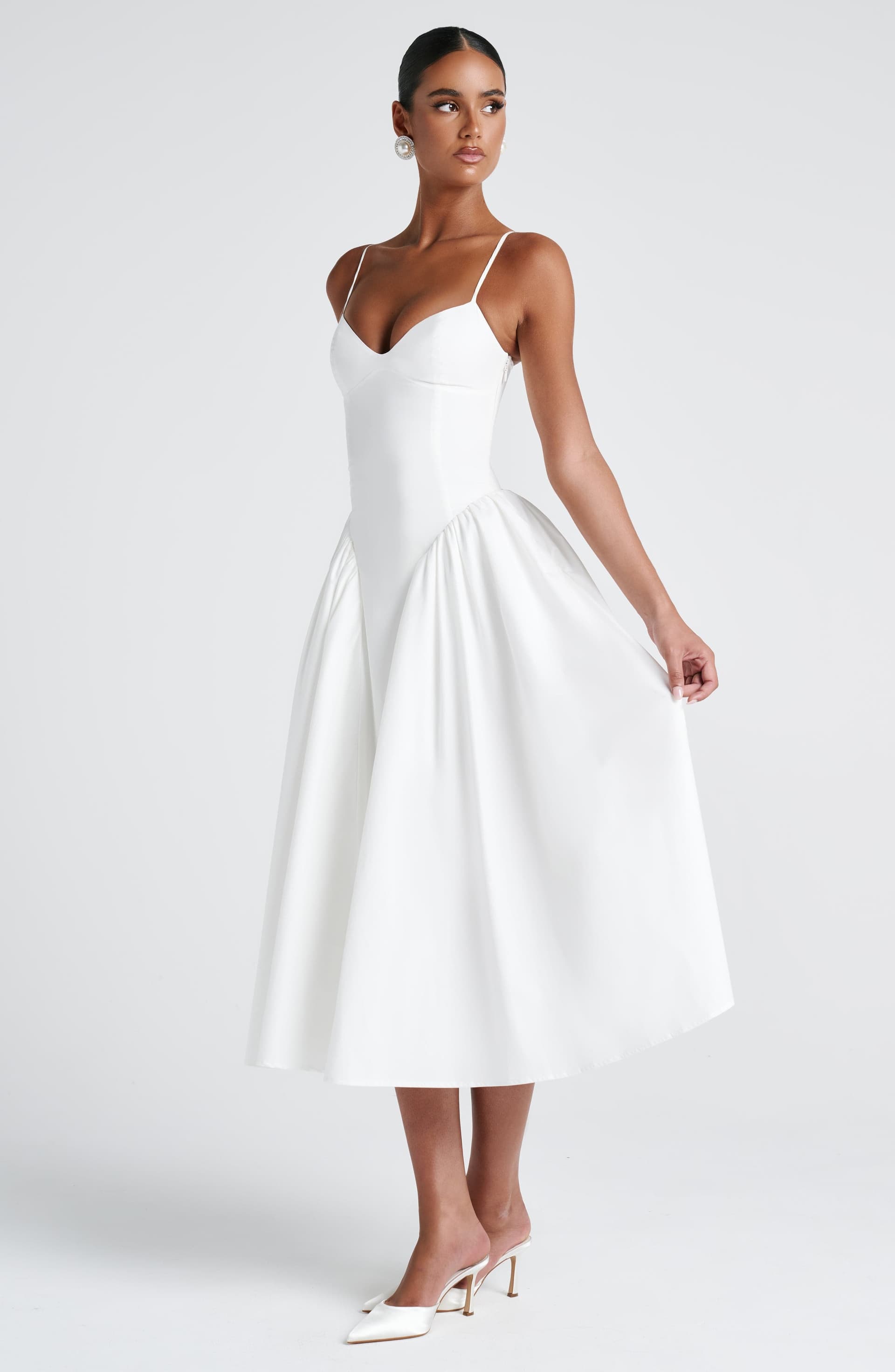 Emerson Midi Dress in Ivory - Sweetheart Neckline Lace-Up Back Dropped Waist