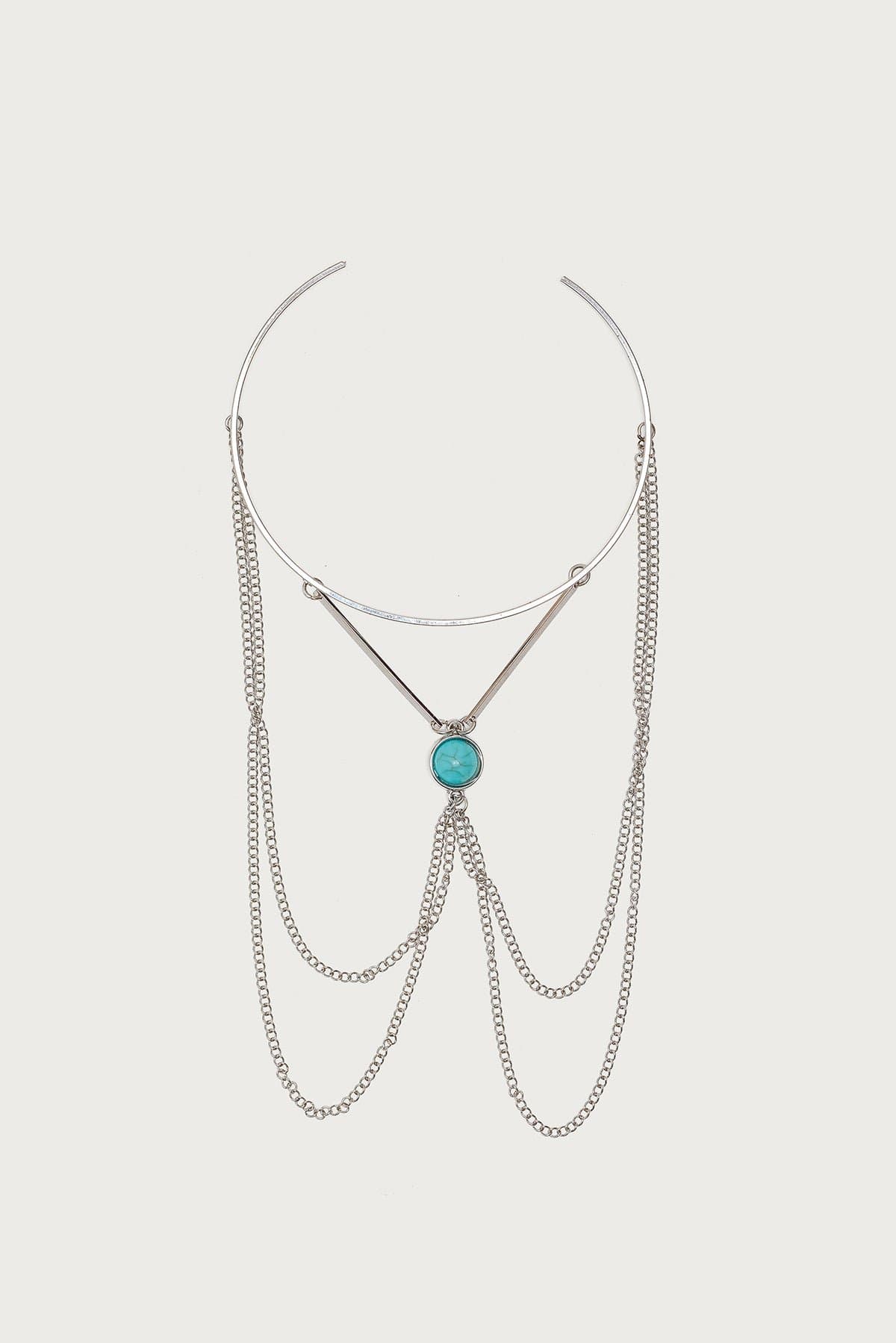 Drop Chain Gemstone Arm Cuff Silver Tone 5.9 Inch Length