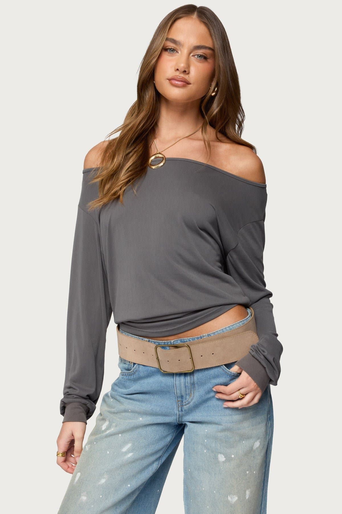 Nannie Off Shoulder Oversized Long Sleeve Top - Rayon Nylon Spandex