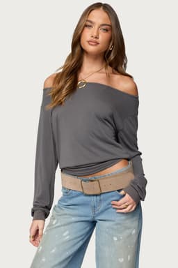 Nannie Off Shoulder Oversized Long Sleeve Top - Rayon Nylon Spandex