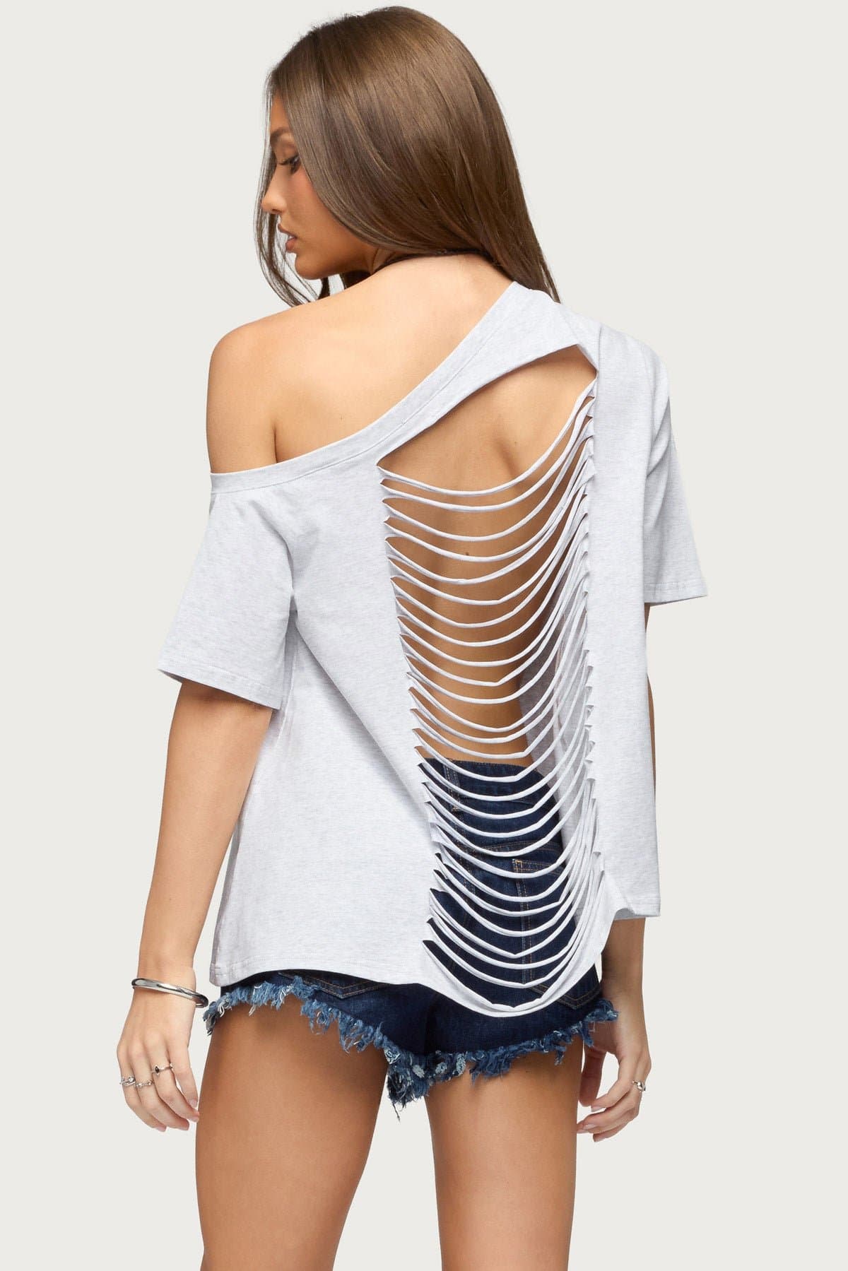 Miah Off Shoulder Shredded Back Top Oversized Fit Cotton Spandex