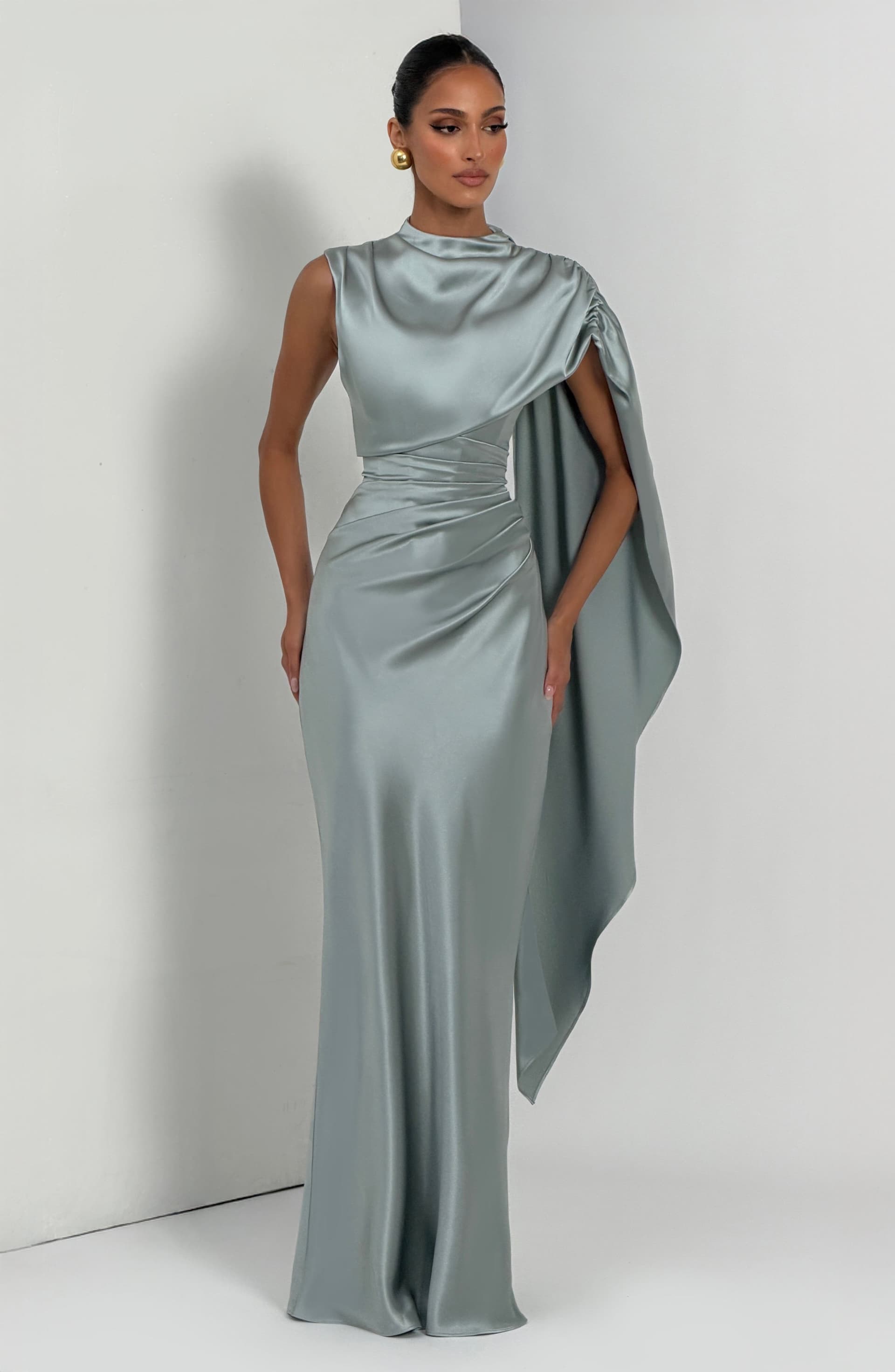Avendra Maxi Dress - Sage Green Satin High Neck Cape Overlay Lace-Up Back