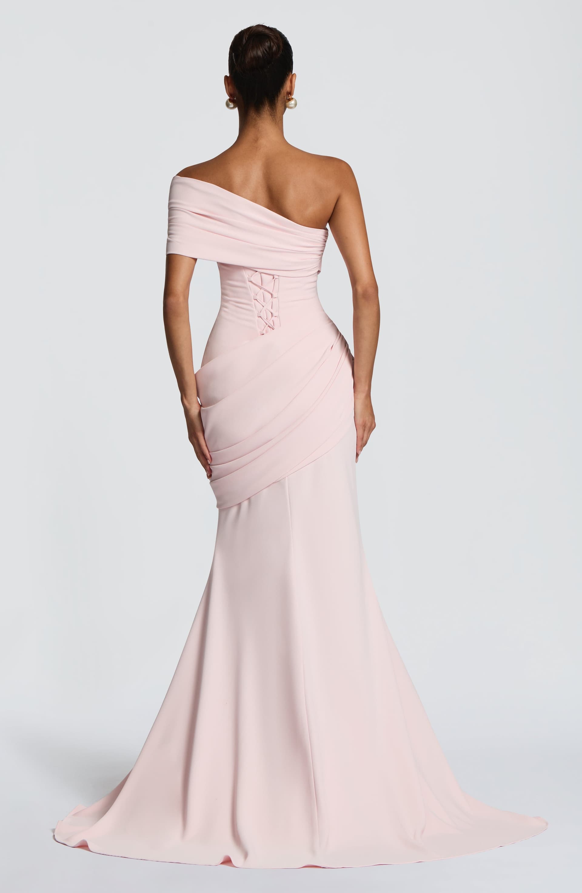 Kasia Blush Gown - Asymmetric One-Shoulder Corset Bodice Crepe Maxi Dress with Train