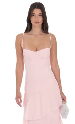 Long Ruffle Maxi Dress in Pastel Pink