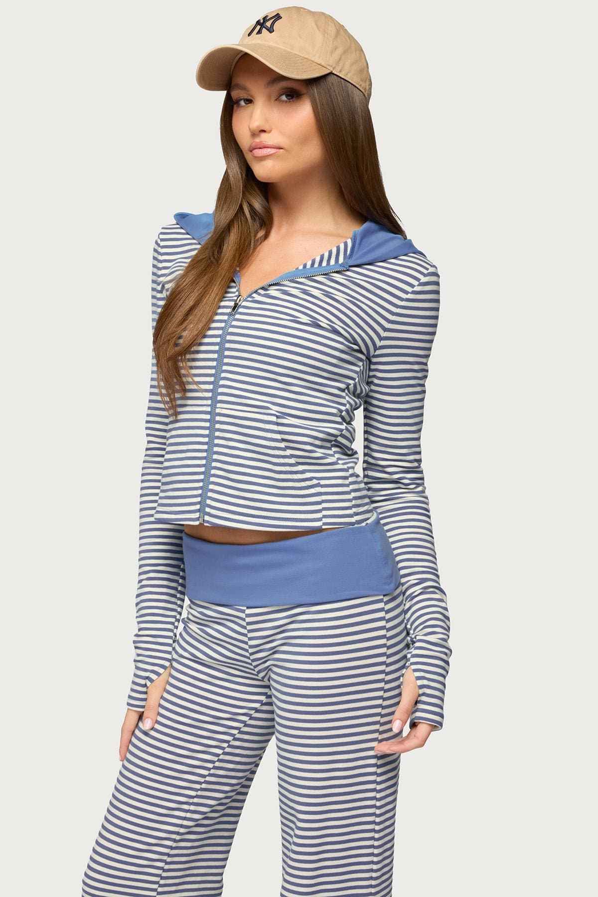 Meggy Striped Zip Up Hoodie with Contrast Hood - Cotton Spandex