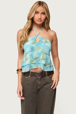 Dragon Lily Floral Print Layered Chiffon Halter Top