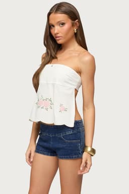 Shiri Floral Embroidered Backless Strapless Babydoll Top - Cotton Spandex