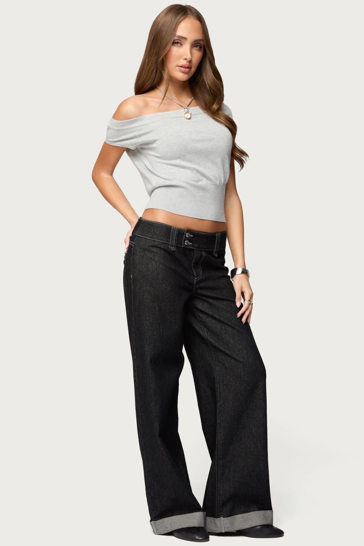 Michaela Off Shoulder Knit Top - Polyester Rayon Ribbed Fitted Hem