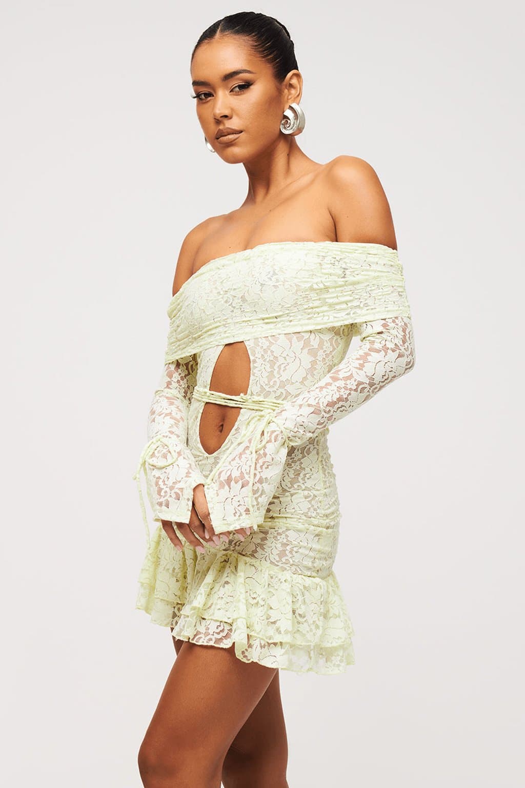 Seafoam Lace Bardot Mini Dress - Tiered Skirt, Full Length Fluted Sleeves, Bodycon Fit