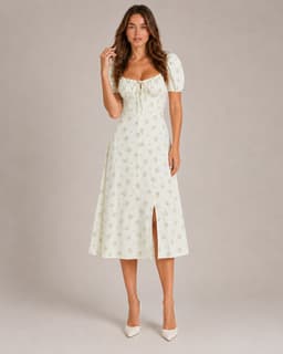 Women's White Floral Midi Dress – Puff Sleeve Sweetheart Ruched Tie Front Fitted Bodice A-Line Dress with Front Slit