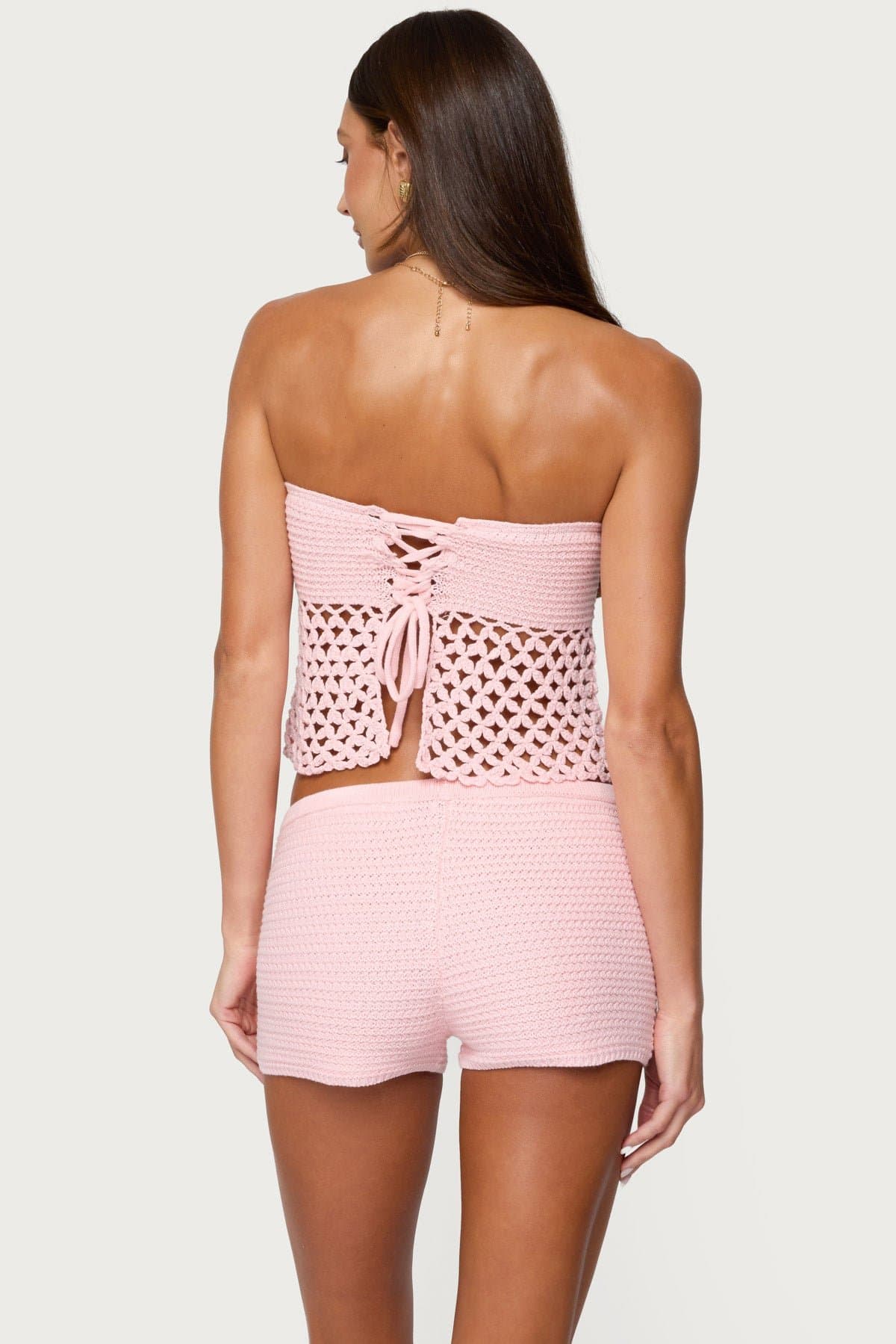 Tahna Flower Strapless Crochet Top - Lace Up Back, Flower Applique, Acrylic