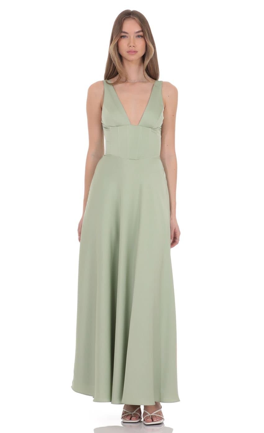 Satin Plunge Neck Corset Maxi Dress in Sage