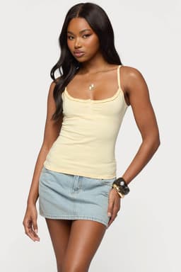 Oksana Henley Tank Top with Adjustable Straps, Ruffle Trim, Cotton Spandex