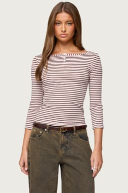 Avigyle Striped Boat Neck Top - Lyocell Spandex Quarter Sleeve Button Detail