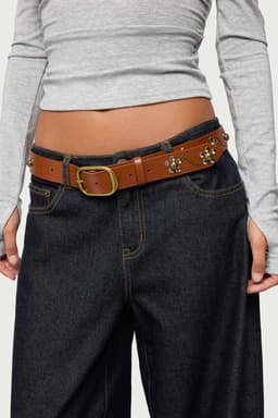 Flower Studded Faux Leather Belt - Polyurethane with Gold Tone Metal Buckle 44.1" Length