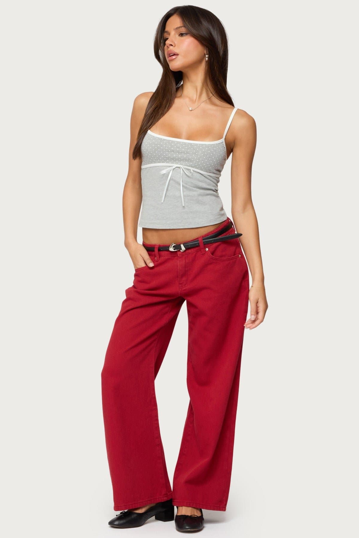 Rhoda Contrast Polka Dot Tank Top with Adjustable Straps and Ribbon Tie