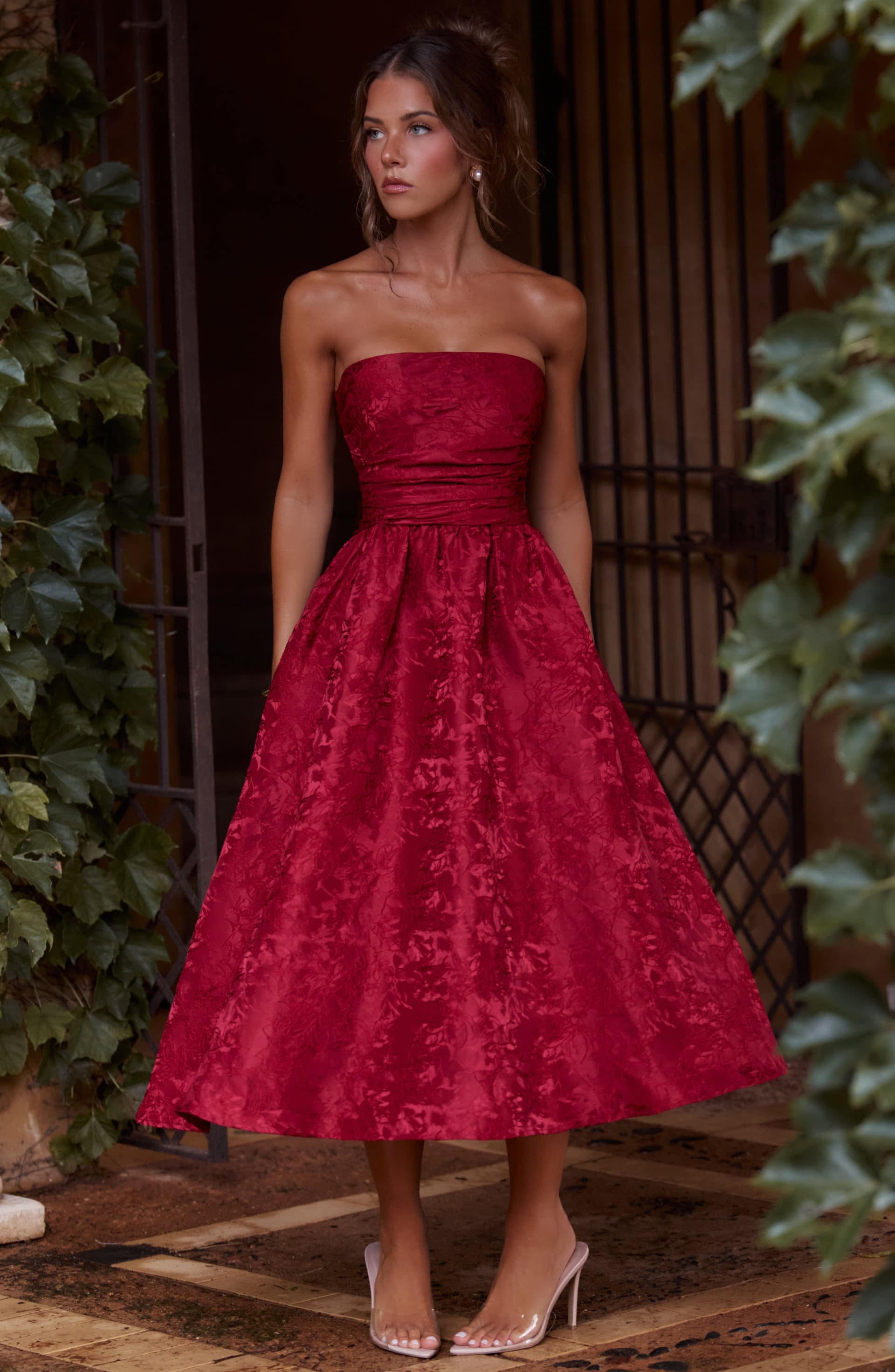 Saoirse Midi Dress in Red - Strapless Floral Jacquard Pleated Bodice